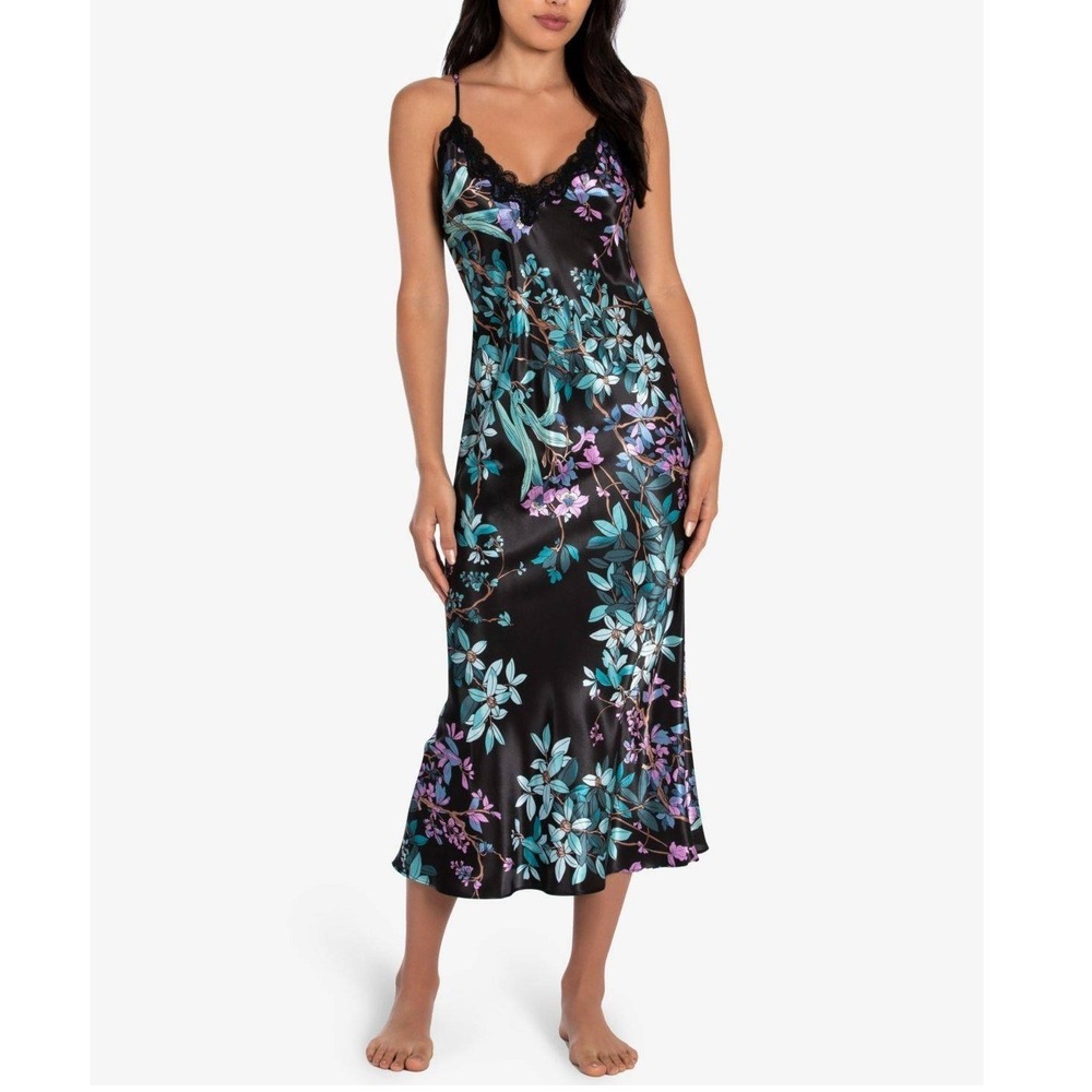 Linea Donatella Black Floral Lace Satin Midi Slip Dress Nightgown M Cottagecore